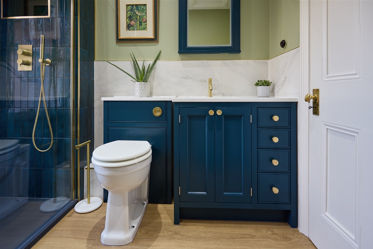 Norwich Shower Room | Blue and Gold Bathroom