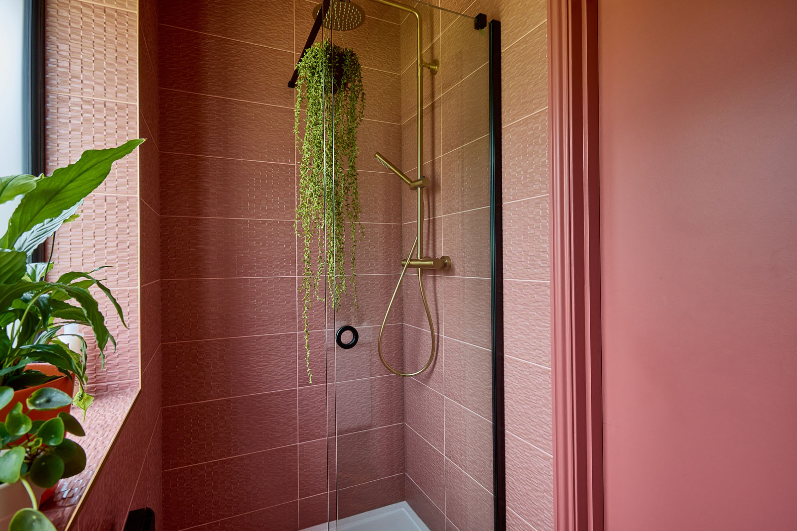 Norwich Pink Ensuite Shower Room | Brushed Brass Bathroom