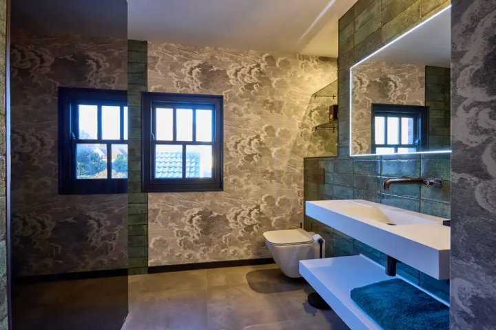Chic Moody Wet Room with Wallpaper and Wall Tiles